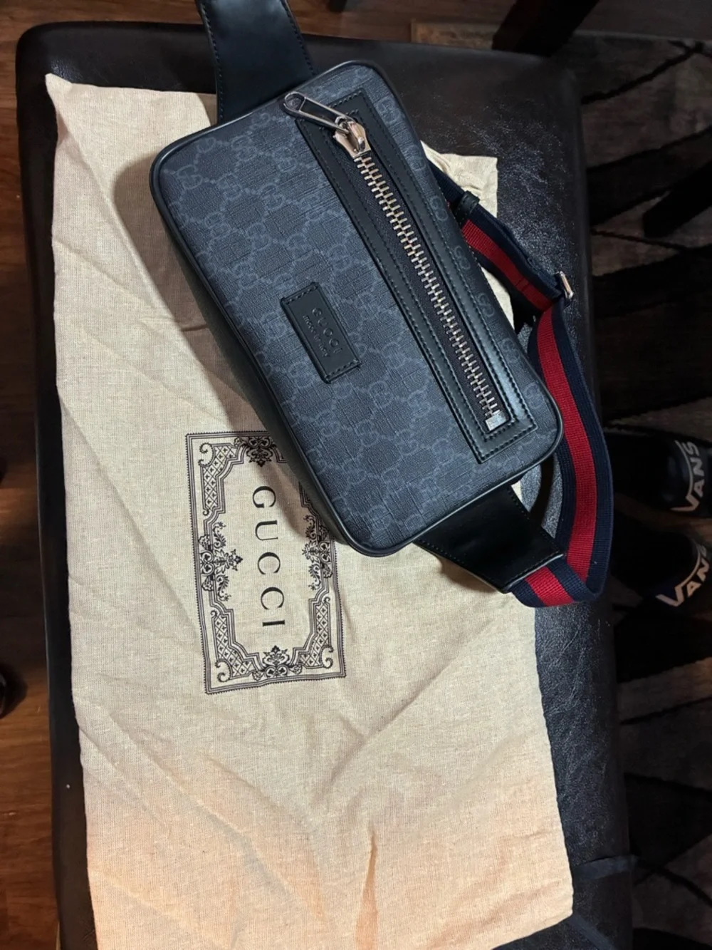 Gucci Black GG Supreme Canvas Belt Bag with Red and Blue Web Strap